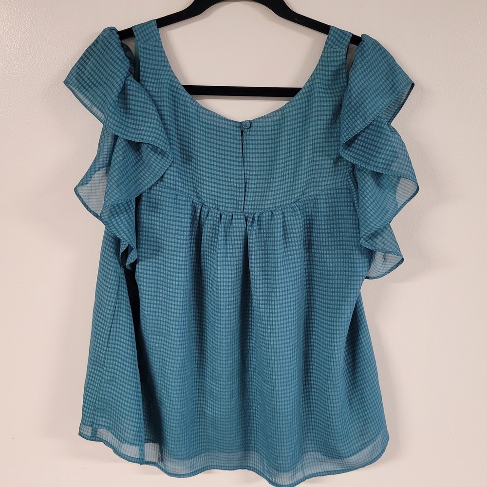 Maeve Anthropologie Teal Gingham Ruffle Cold Shoulder Blouse Top Size 12